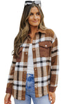 Brown Pocketed Buttoned Plaid Shirt Jacket-Outerwear-MomFashion