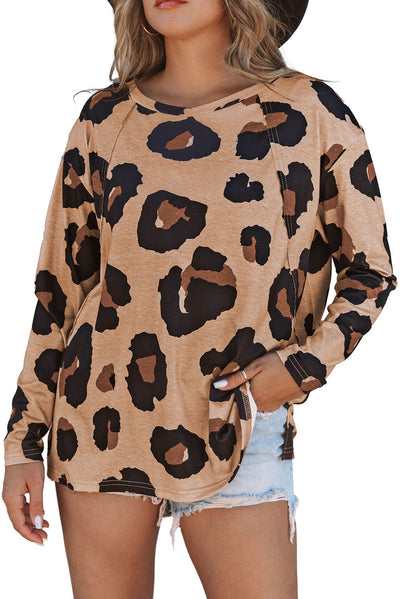 Leopard Print Long Sleeve Loose Top-Tops-MomFashion