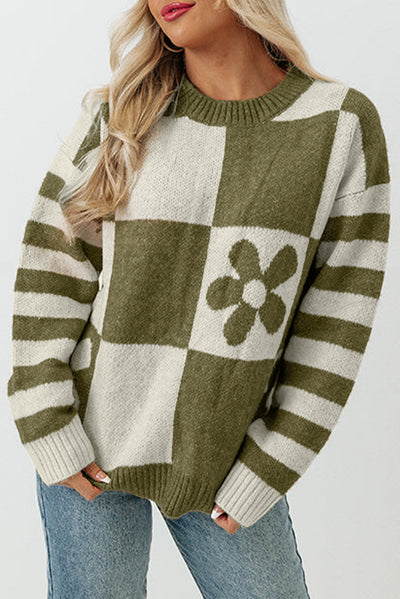 Green Checkered Floral Print Striped Sleeve Sweater-Tops-MomFashion