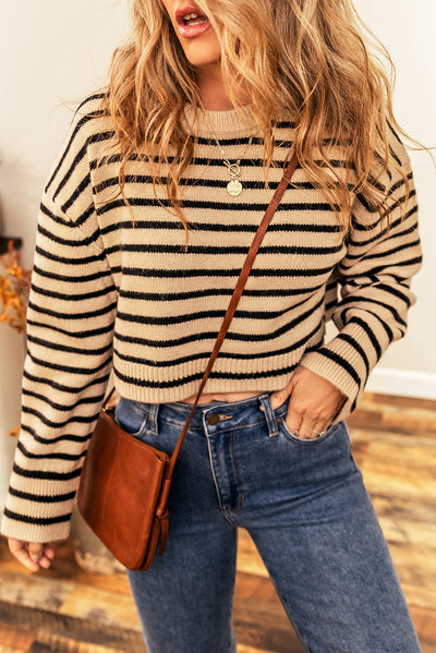 Light French Beige Striped Knit Drop Shoulder Crewneck Cropped Sweater-Tops-MomFashion