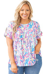 Purple Vibrant Botanical Print Frill Short Sleeve Plus Size Top-Plus Size-MomFashion