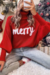 Red Merry Letter Embroidered High Neck Sweater-Tops-MomFashion