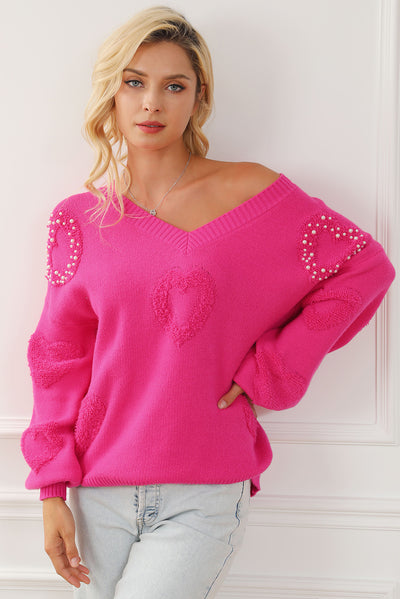 Rose Red Pearl Embellished Fuzzy Hearts V Neck Sweater-Tops-MomFashion