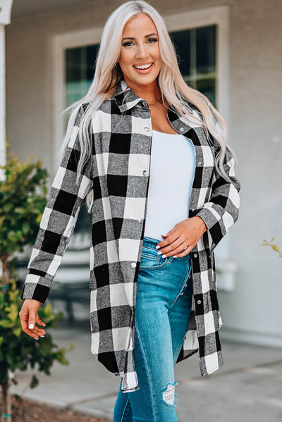 Black Turn-down Collar Plaid Shirt Coat-Outerwear-MomFashion