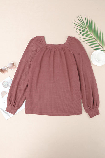 Square Neck Puff Sleeve Waffle Knit Top-Tops-MomFashion