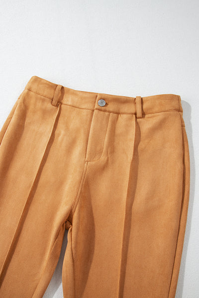 Brown Exposed Seam Flare Suede Pants with Pockets-Bottoms-MomFashion