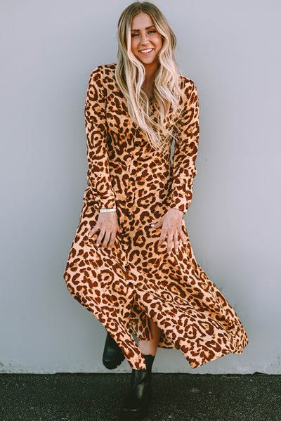 Leopard Button-Up Long Sleeve Maxi Dress-Dresses-MomFashion