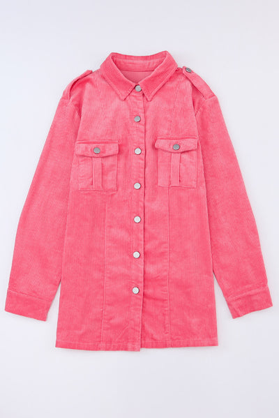 Pink Buttoned Flap Pocket Corduroy Jacket-Outerwear-MomFashion