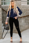 Blue Extend Color Block Cuffs Rib Knit Striped Pullover-Tops-MomFashion