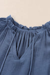 Blue Tiered Ruffled Drawstring V Neck Top-Tops-MomFashion