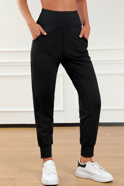 Black Exposed Seam High Waist Pocketed Joggers-Bottoms-MomFashion