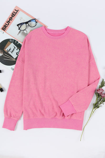 Pink Drop Shoulder Ribbed Trim Oversized Sweatshirt-Tops-MomFashion