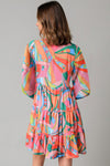 Multicolor Geometric Print Split Neck Ruffle Tiered Mini Dress-Dresses-MomFashion