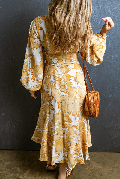 Yellow V Neck Wrap Lace up Bubble Sleeve Floral Dress-Dresses-MomFashion