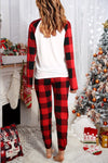 Red Plaid Raglan Sleeves Top and Drawstring Pants Lounge Set-Loungewear-MomFashion