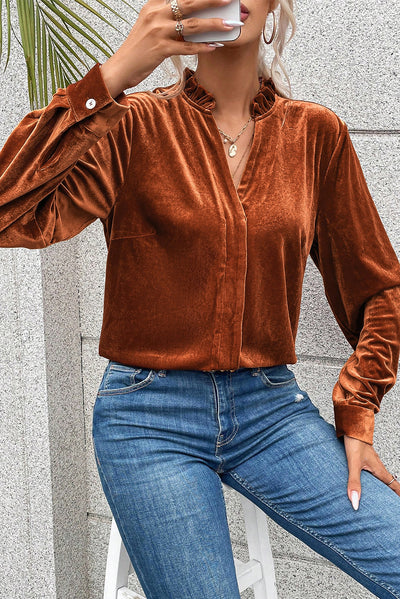 Gold Flame Frilled Collar Velvet Shirt-Tops-MomFashion