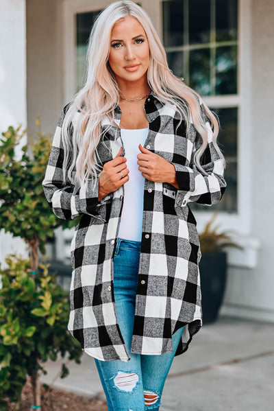 Black Turn-down Collar Plaid Shirt Coat-Outerwear-MomFashion