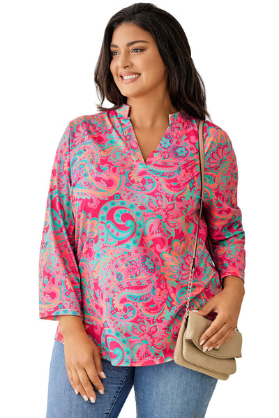 Rose Plus Size Paisley Print V Neck Roll Tab Sleeve Blouse-Plus Size-MomFashion