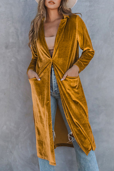 Yellow Retro Velvet Long Sleeve Pocket Coat-Outerwear-MomFashion