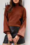 Brown Turtleneck Drop Shoulder Bubble Sleeve Knit Sweater-Tops-MomFashion