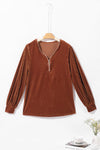 Chestnut Half Zip V Neck Ribbed Velvet Top-Tops-MomFashion