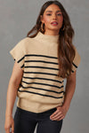 Parchment Striped Ribbed Knit High Neck Sweater-Tops-MomFashion