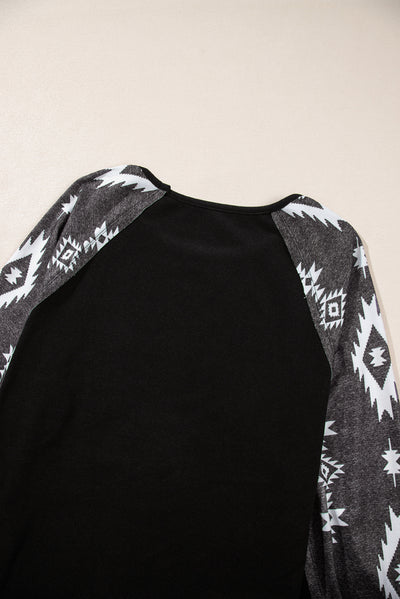 Black Western Print Patch Long Sleeve Top-Tops-MomFashion