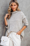 Khaki Striped Turtleneck Loose Sweater-Tops-MomFashion