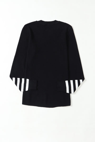 Black Striped Sleeve Plain Knit Sweater-Tops-MomFashion