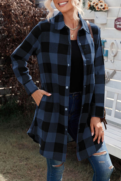 Blue Turn-down Collar Plaid Shirt Jacket-Outerwear-MomFashion