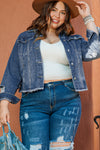 Dark Blue Plus Size Distressed Flap Pocket Denim Jacket-Plus Size-MomFashion