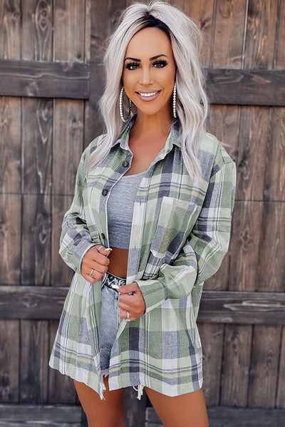 Green Plaid Button Up Patch Pocket Shirt-Tops-MomFashion