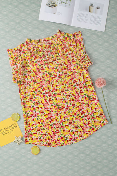 Yellow Floral Print Flutter Sleeve V Neck Tank Top-Tops-MomFashion