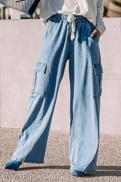 Sky Blue Drawstring High Waist Cargo Pocket Wide Leg Jeans-Bottoms-MomFashion