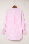 Pink Smocked Cuffed Striped Boyfriend Shirt with Pocket-Tops-MomFashion