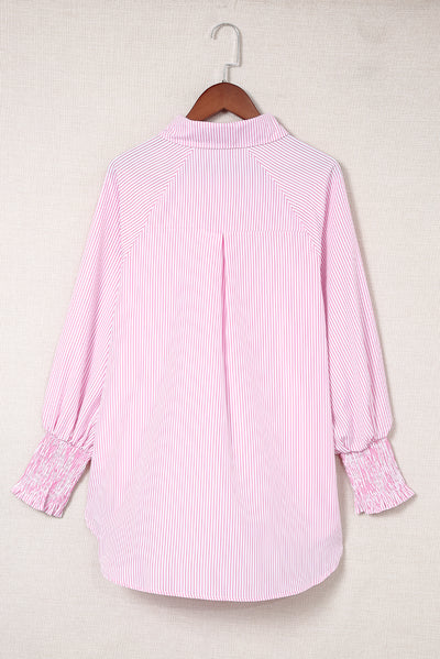 Pink Smocked Cuffed Striped Boyfriend Shirt with Pocket-Tops-MomFashion