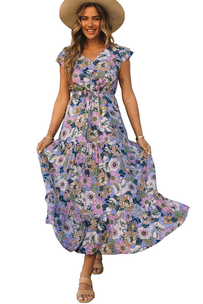 Purple Layered Ruffle Sleeves Long Floral Dress-Dresses-MomFashion