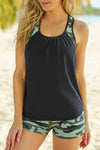 Black Contrast Splice Racerback Tankini Printed 2pcs Set-Swimwear-MomFashion