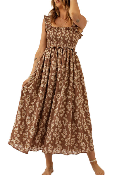 Brown Ruffled Straps Smocked Floral Maxi Dress-Dresses-MomFashion