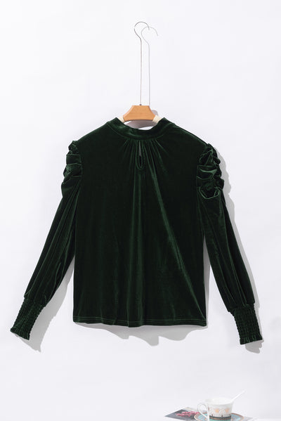 Blackish Green Mock Neck Puff Sleeve Velvet Blouse-Tops-MomFashion