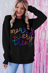 Black Merry Every Thing Glitter Slogan Sweatshirt-Tops-MomFashion