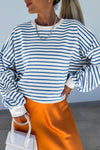 Blue Stripe Drop Shoulder Crew Neck Loose Sweatshirt-Tops/Sweatshirts & Hoodies-MomFashion