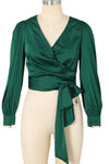 Blackish Green Satin Surplice V Neck Knot Blouse-Tops-MomFashion