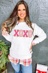 White XOXO Glitter Chenille Cable Knit Pullover Sweatshirt-Tops-MomFashion