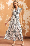 White Abstract Vein Print V Neck Ruffle Maxi Dress-Dresses-MomFashion