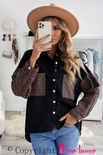 Black Contrast Leopard Denim Jacket-Outerwear-MomFashion