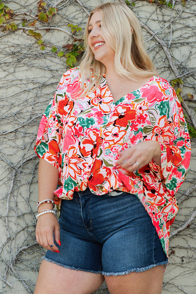 Rose Plus Size Floral Print Kimono Sleeve Shirt-Plus Size-MomFashion