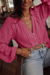 Rose V-Neck Long Sleeve Button Up Lace Shirt-Tops-MomFashion