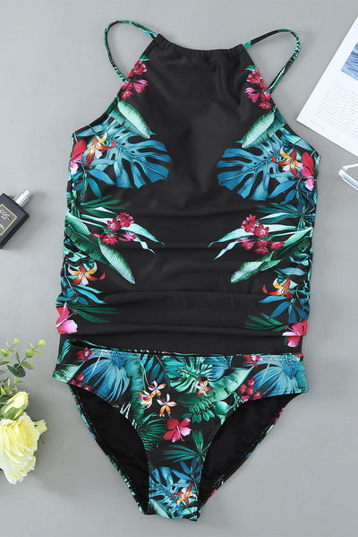 Black Leaf & Flower Print Ruched Tankini Set-Swimwear-MomFashion