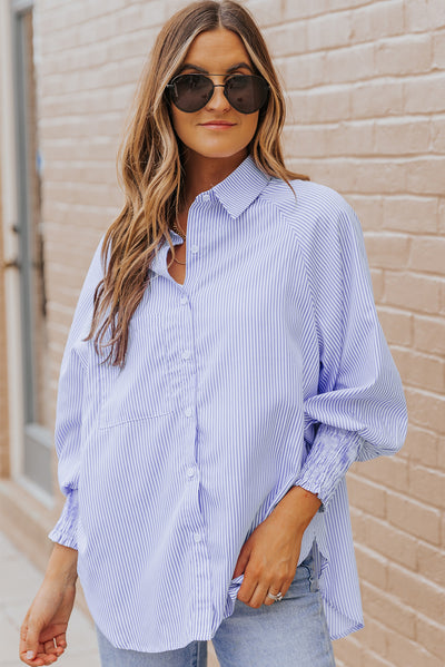 Sky Blue Smocked Cuffed Striped Boyfriend Shirt with Pocket-Tops-MomFashion